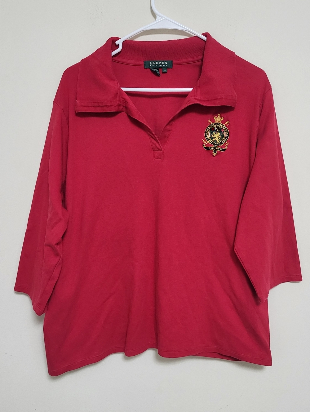 LRL Ralph Lauren Red Polo Shirt 3/4 Sleeve Gold Crest Women's 3X Plus Size